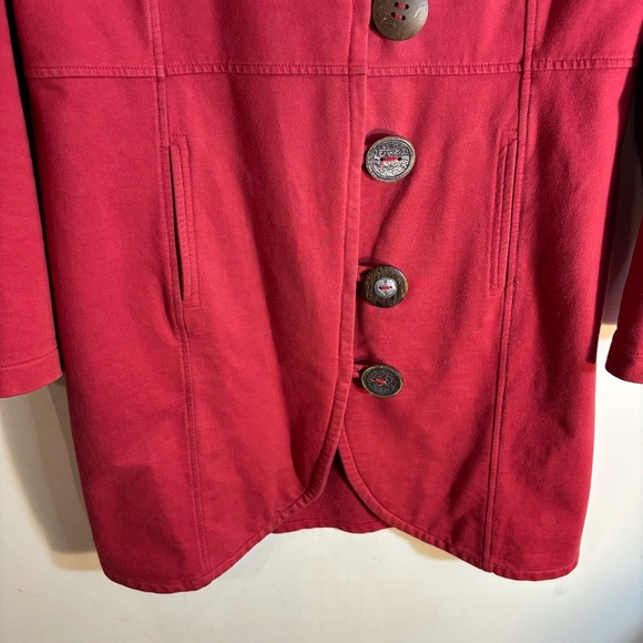NEON BUDDHA Sz L Jacket Red Button-Up Funnel Neck Pockets Long Sleeve Lagenlook - Picture 4 of 9